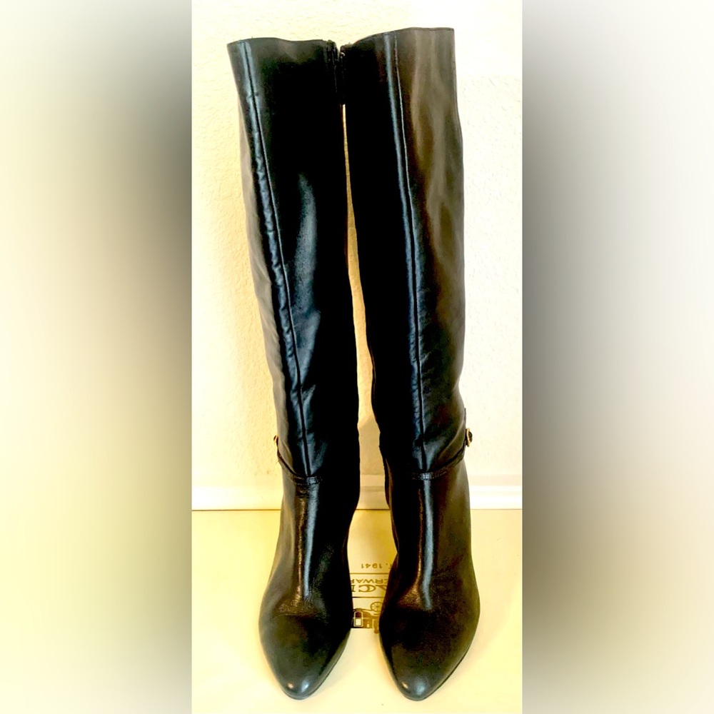 Cole Haan Garner Black Leather Snake Embossed Trim Pointed Toe Knee High Boot